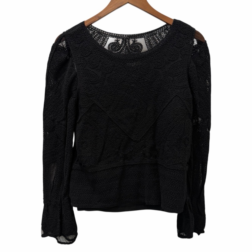 Ultra Pink Blouse Juniors Large Black Crochet Lace Long Sleeve Lined Party Top